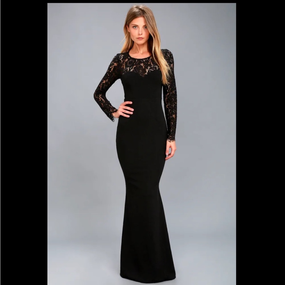 NWT Lulus Whenever You Call Black Lace Mermaid Maxi Dress Long Sleeves Formal S